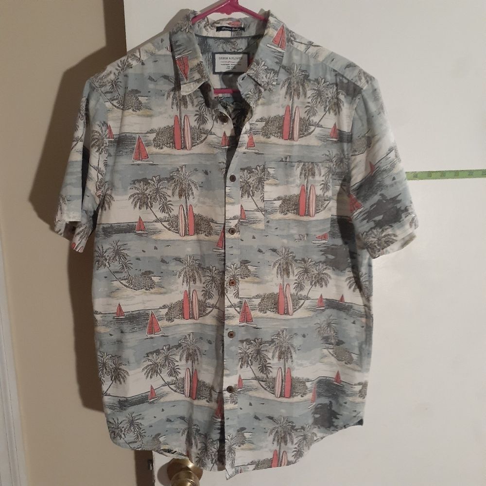 Denim and flower shirt mens l blue tropical Hawaiian beach cotton short sleeve